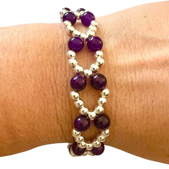 Purple Carnelian Chalcedony and Silver Seed Bead Bracelet with Adjuster - Picture 8 of 10